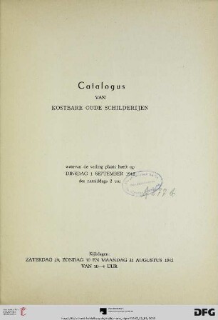 Catalogus van kostbare oude schilderijen : waarvan de veiling plaats heeft op dinsdag 1 september 1942