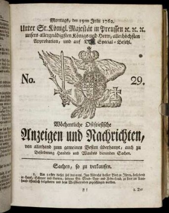 No. 29. Montags, den 19ten Julii 1762.