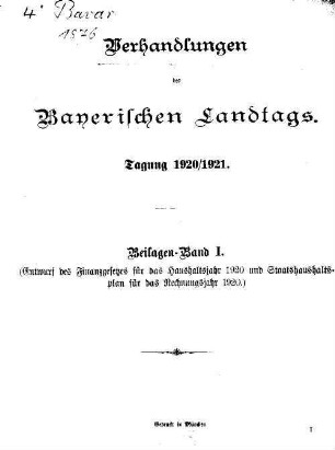 Verhandlungen des Bayerischen Landtags. Beilagen. 1920/21,1
