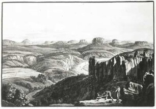 Die Kleine Gans und Rathen : Die Kleine Gans und Rathen (1820, L. Richter; kolorierte Radierung; 100 x 152 mm; Festung Königstein)