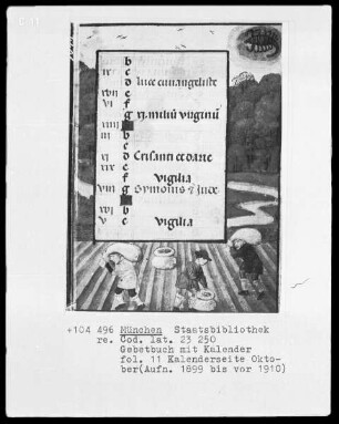 Gebetbuch mit Kalender — Kalenderseite Oktober mit zwei Miniaturen, Folio 11recto