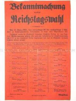 Maueranschlag: Bekanntmachung betr. Reichstagswahlen am 14. März 1918
