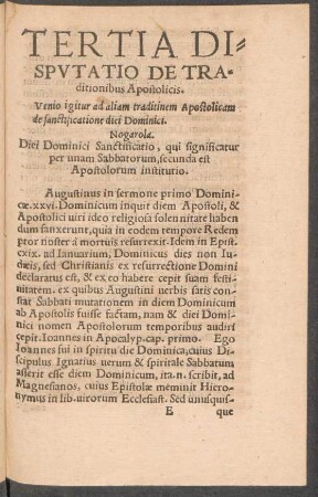 Tertia Disputatio De Traditionibus Apostolicis.