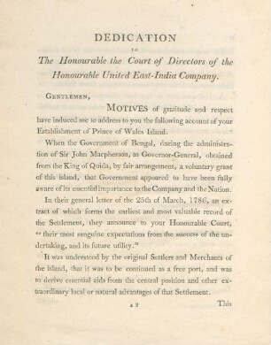 Dedication to the honourable the court of directors of the Honourable United East-India Company