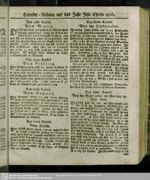Calender-Anhang auf das Jahr Jesu Christi 1806