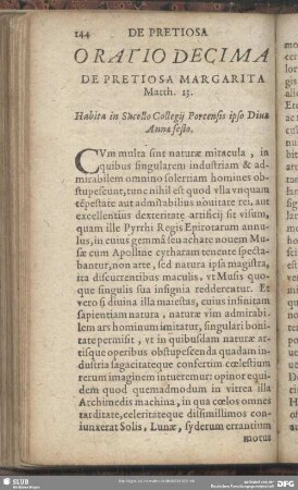 Oratio Decima De Pretiosa Margarita Math. 13.