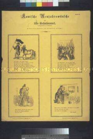 Satirisches Flugblatt (Serie): Komische Neujahrswünsche (Ullo Bohmhammel); Bogen II (Tonpapier gelb); undatiert