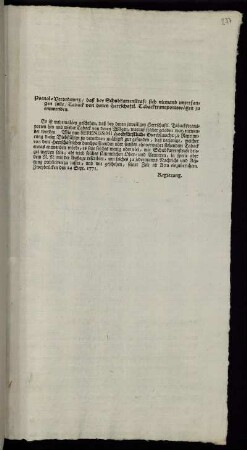 Poenal-Verordnung, daß bey Schubkarrenstrafe sich niemand unterfangen solle, Taback von denen Herrschaftl. Tabacktransportswägen zu entwenden : Zweybrücken den 24 Sept. 1771.