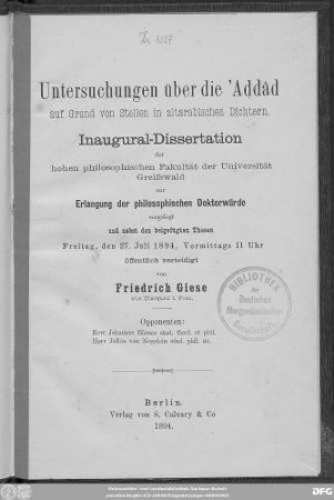 Untersuchungen über die 'Aḍdâd auf Grund von Stellen in altarabischen Dichtern : Inaugural-Dissertation ...