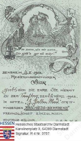 Heppenheim an der Bergstraße, Gasthaus 'Zum halben Mond' / Einladung zu einem Abschieds-Bierabend von Regierungsbauführer Beck am 22. März 1902