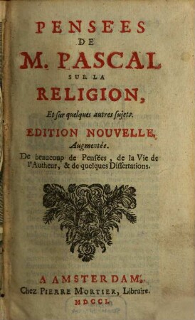 Pensées de M. Pascal sur la religion