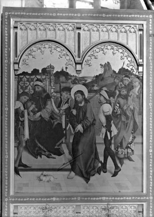 Hochaltar, linker Flügel, Innenseite, oberes Bild: Christus vor Pilatus