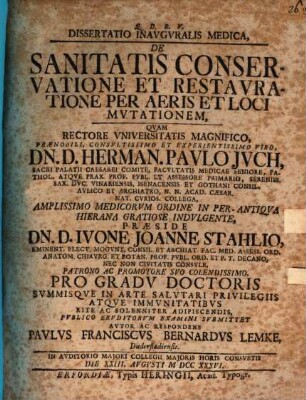 Dissertatio Inavgvralis Medica, De Sanitatis Conservatione Et Restavratione Per Aeris Et Loci Mvtationem
