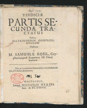 Vindiciae Partis Secundae Tractatus Contra Matrimonium Comprivignorum