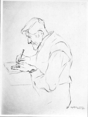 Beim Schreiben (Hans Richter). Kohlezeichnung (1938; E. Richter). Dresden-Südvorstadt, Eisenstuckstraße, Atelier der Künstlerin