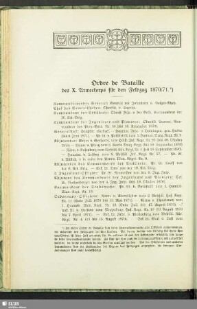 Ordre de Bataille des X. Armeekorps für den Feldzug 1870/71