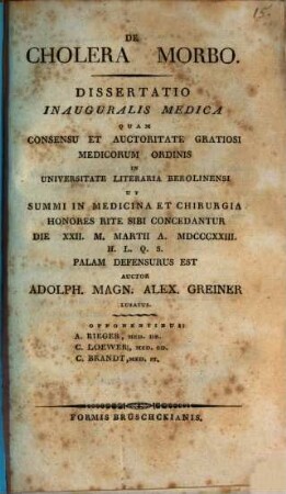 De cholera morbo : dissertatio inauguralis medica