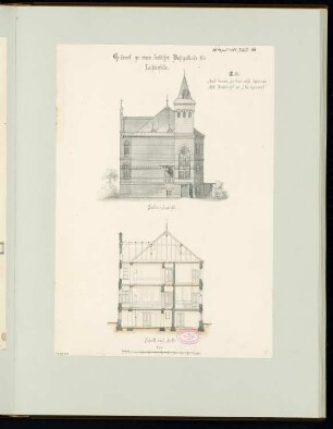 Ländliches Wohnhaus, Berlin-Lichterfelde Monatskonkurrenz April 1881: Aufriss Seitenansicht, Querschnitt; Maßstabsleiste
