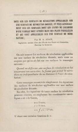 Note sur les surfaces de révolution applicables sur une surface de révolution donnée [...]