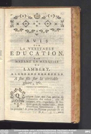 A son fils sur la véritable gloire, [et]c.