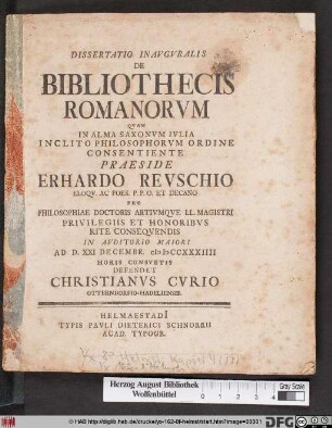Dissertatio Inavgvralis De Bibliothecis Romanorvm