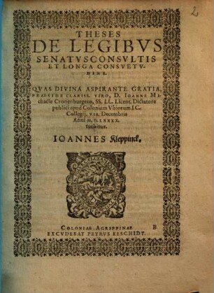 Theses de Legibus Senatus Consultis Et Longa Consuetudine