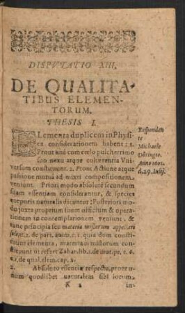 Disputatio XIII. De Qualitatibus Elementorum.