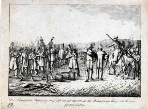 Die französische Besatzung muss sich am 12. November 1813 an das Belagerungs-Korps als Kriegsgefangene ergeben. Blatt 19 aus der Serie "Dresdens Not und Rettung, 1813"