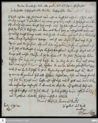 Brief von Philipp Jakob Spener an August Hermann Francke.