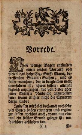 Einleitung in das Churfürstlich-Maynzische Staats-Recht : vermittels kurzer Säze, und Anzeigung vieler derer besten oder neuesten Scribenten, allwo mehrere Nachricht davon anzutreffen ist