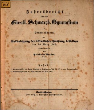 Jahresbericht über das Fürstl.-Schwarzb. Gymnasium zu Sondershausen : d. Schuljahr von ... bis .., 1845/46