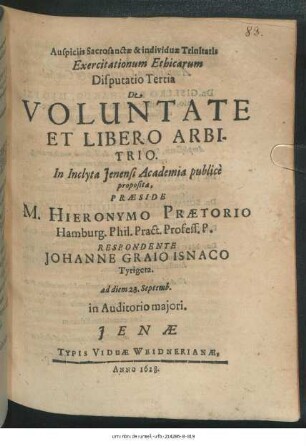 Exercitationum Ethicarum Disputatio Tertia De Voluntate Et Libero Arbitrio