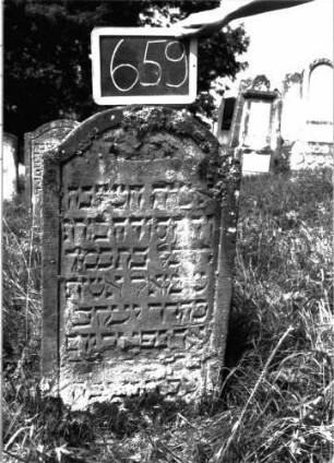 Grabstein 659 (Index: 100104928) Material: Sandstein Zustand: teilweise stark verwittert, abgeblättert, teilweiser Textverlust Maße HxBxT: 95x50x9 cm Beschreibung: Stele, Konvexbogenabschluss, Schriftfeld eingetieft: Grabstein 659