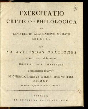 Exercitatio Critico-Philologica In Xenophontis Memorabilivm Socratis Lib. I. C. 1. §. 7.