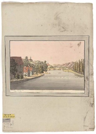 Ansicht von Saalfeld mit der Saale im Vordergrund, Kupferstich, um 1800 : Vue de Saalfeld. - Dresden : Hilscher , [um 1800]. - 1 Kunstbl. : kolor. Kupferst. ; 32 x 21 cm
