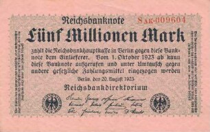 Zahlungsmittel / Reichsbanknote / Fünf Millionen Mark