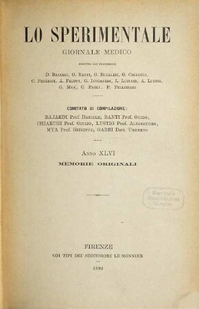 Lo sperimentale. Comunicazioni e reviste : archivio di biologia normale e patologica. 46. 1892