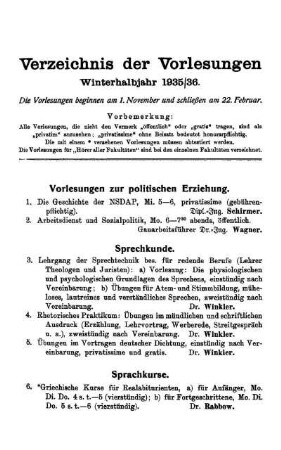 Verzeichnis der Vorlesungen Winterhalbjahr 1935/36.
