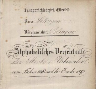 Dezennaltabellen 1863 - 1872 Sterbefälle Solingen