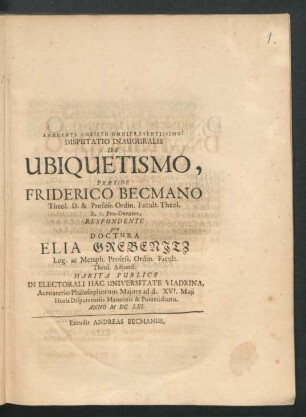Disputatio Inauguralis De Ubiquetismo