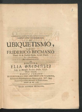 Disputatio Inauguralis De Ubiquetismo