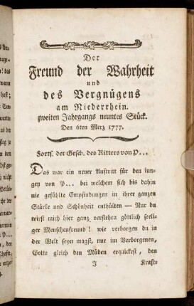 zweiten Jahrgangs neuntes Stück. Den 6ten Merz 1777.
