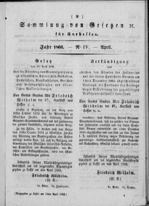 Sammlung von Gesetzen cc. für Kurhessen, Jahr 1866, Nr. IV, April