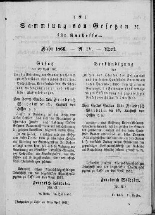 Sammlung von Gesetzen cc. für Kurhessen, Jahr 1866, Nr. IV, April