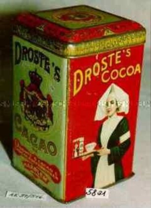 Blechdose für "DROSTE'S CACAO netto 1/4 K.G" (Abbildung einer Nonne, Tablett mit Tee tragend)