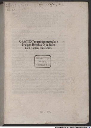 Oratio proverbiorum : mit Widmungsbrief des Autors an Christoph von Weitmil