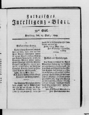 39tes Stück, Ausgabe vom 29. Sept. 1809