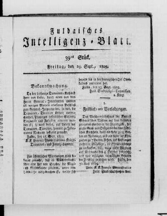 39tes Stück, Ausgabe vom 29. Sept. 1809