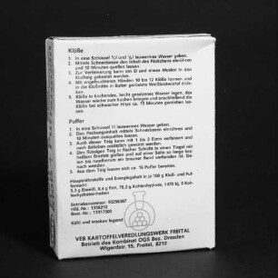 Kartonschachtel (Rückseite) für Freitaler Kloß + Puffermehl des VEB Kartoffelveredlungswerk Freital