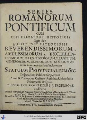 Series Romanorum Pontificum : Cum Reflexionibus Historicis